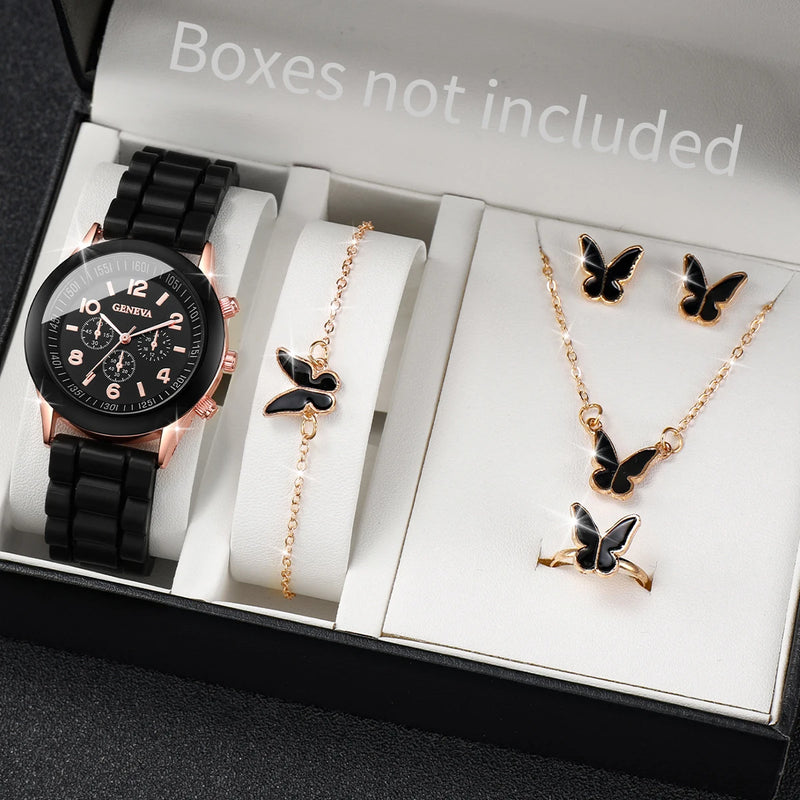 5Pcs/Set Geneva Watch Women Fashion Silicone Band Quartz Watch Butterfly Jewelry Set（Without Box）