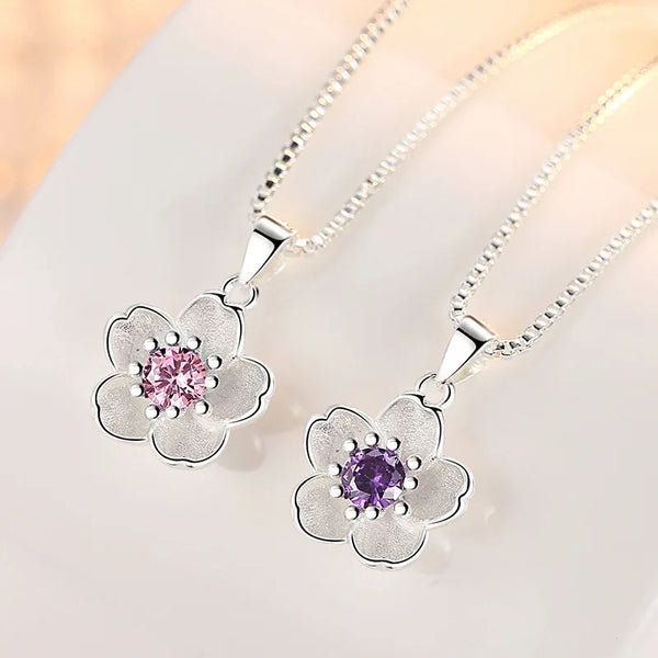 925 Sterling Silver Pink Purple Peach Blossom Necklaces for Women Retro Luxury Jewelry Accessories Freeshiping Items Jewellery