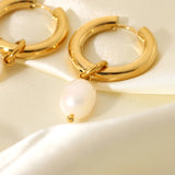 18K Gold Plated Stainless Steel Freshwater Pearl Pendant Huggie Earrings for Women Party Jewelry Accessories