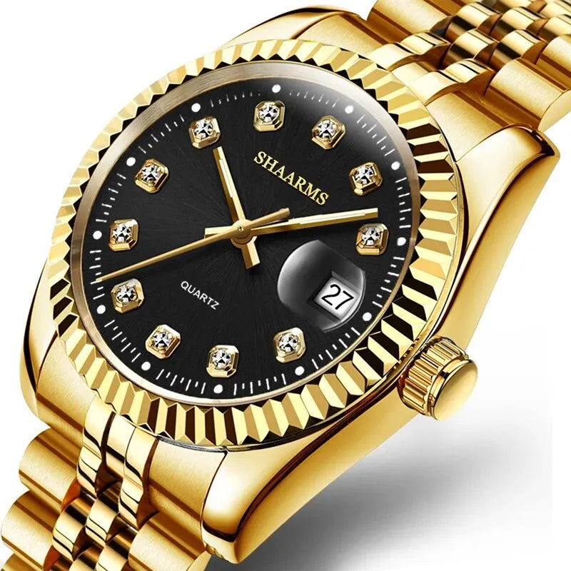 Mens Gold Watches Calendar with Diamond Steel Band Fashion Business Quartz Watch Relogio Masculino Wristwatch for Men Gift