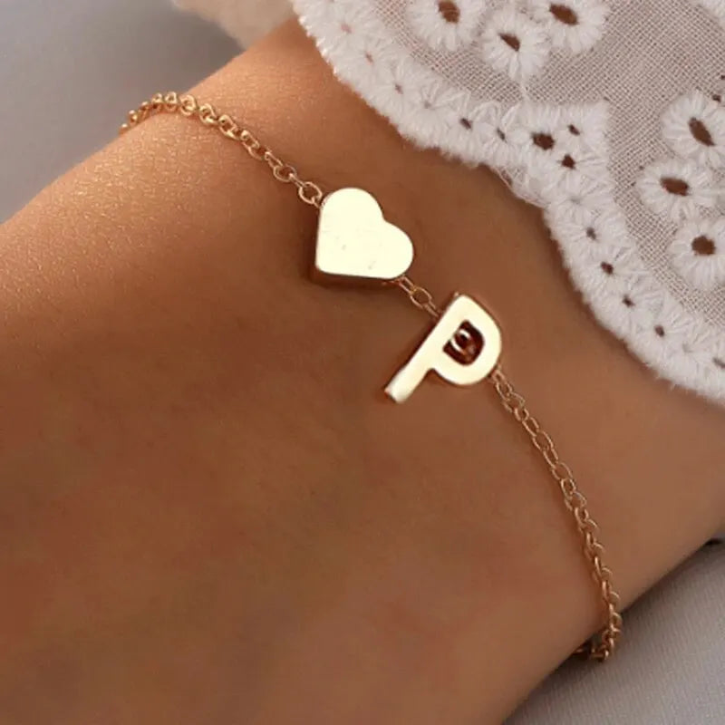 26 Letter Heart Bracelet with Heart Pendant Fashion DIY Personalized Bracelets Girls Women Anniversary Jewelry Gift