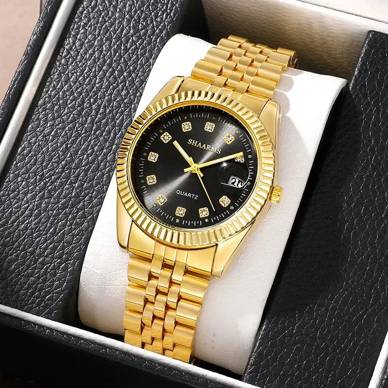 Mens Gold Watches Calendar with Diamond Steel Band Fashion Business Quartz Watch Relogio Masculino Wristwatch for Men Gift