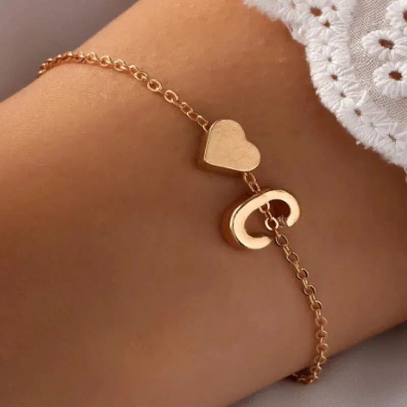 26 Letter Heart Bracelet with Heart Pendant Fashion DIY Personalized Bracelets Girls Women Anniversary Jewelry Gift