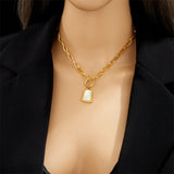 "Geometric Trapezoidal Pearl Oyster Pendant Necklace - Elegant Stainless Steel Jewelry for Women"