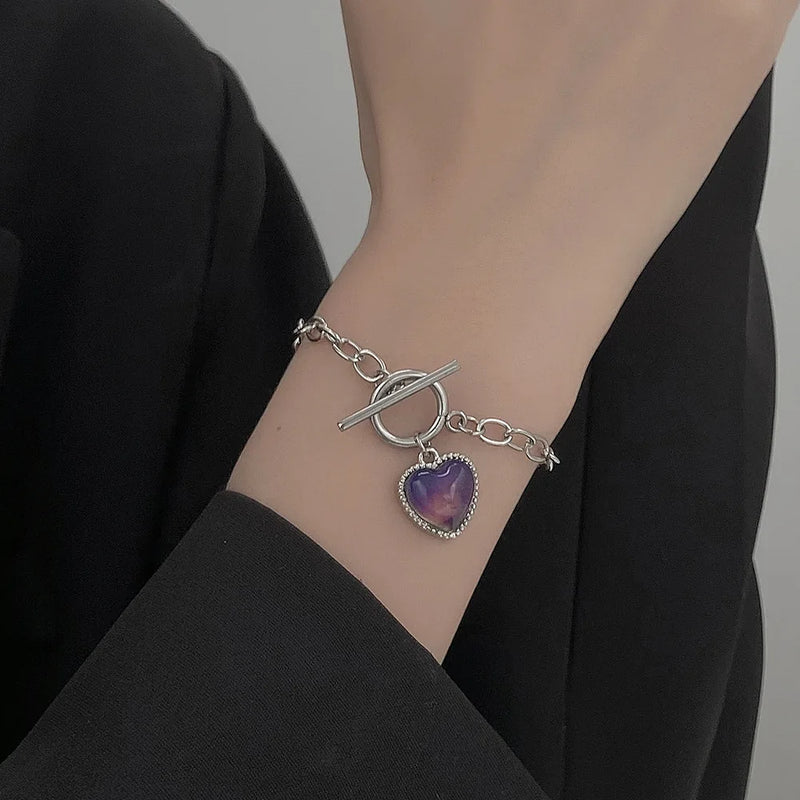 Mood Bracelet Peach Heart Love Pendant Bracelets Temperature Control Color Change Necklace Stainless Steel Chain Jewellery Women