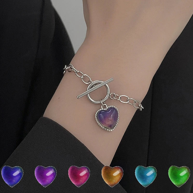 Mood Bracelet Peach Heart Love Pendant Bracelets Temperature Control Color Change Necklace Stainless Steel Chain Jewellery Women