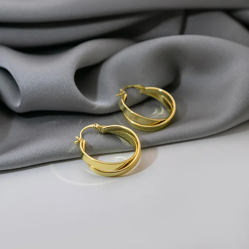 Wildly Luxurious French Vintage Gold-Plated Metal Earrings Chen Booking Trendy Earrings Lightweight Geometric Double Ring