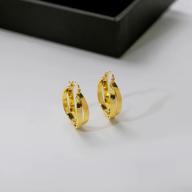 Wildly Luxurious French Vintage Gold-Plated Metal Earrings Chen Booking Trendy Earrings Lightweight Geometric Double Ring