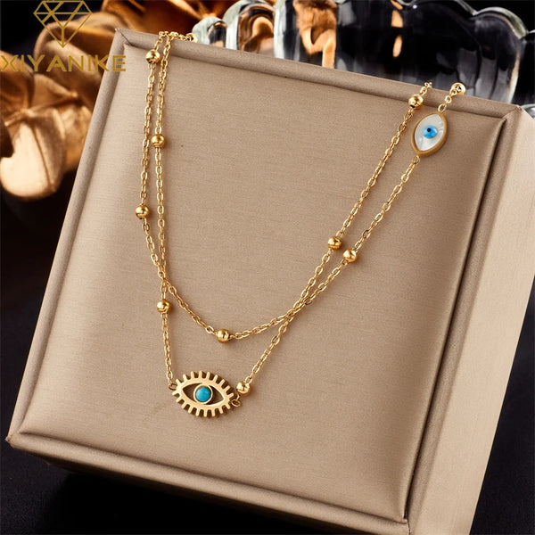 316L Stainless Steel Necklace Eye Double Chain Accessories for Women Trendy Design Sweet Birthday Jewelry Gifts Collier