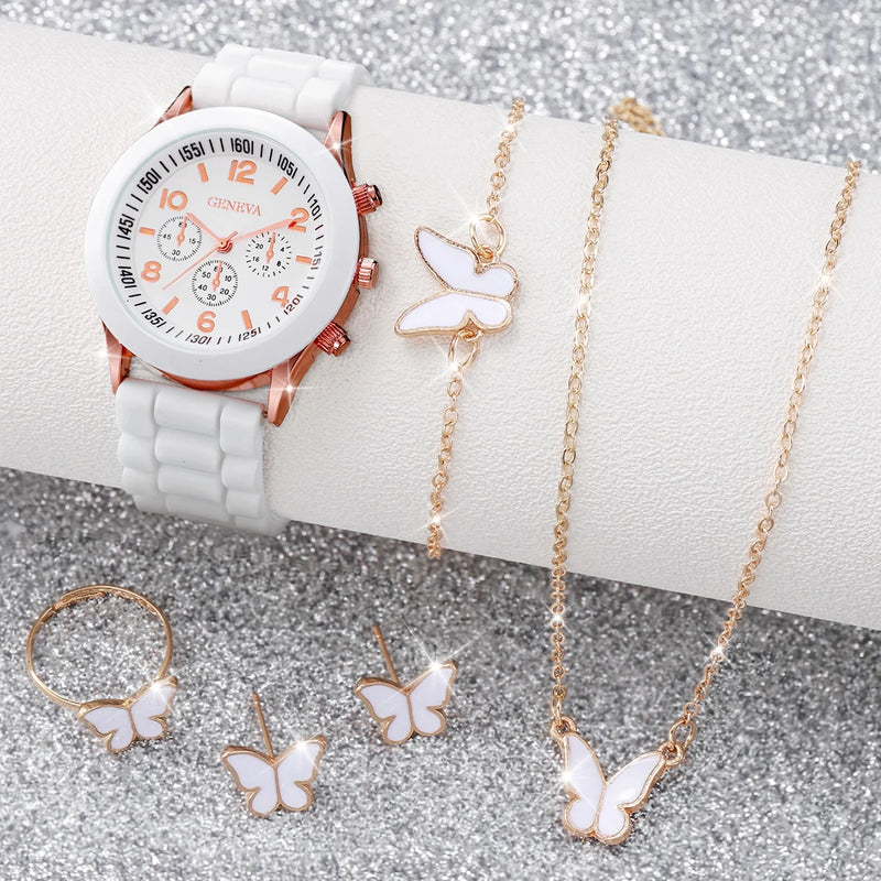 5Pcs/Set Geneva Watch Women Fashion Silicone Band Quartz Watch Butterfly Jewelry Set（Without Box）