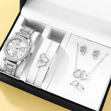 6PCS Set Rose Gold Luxury Watch Women Ring Necklace Earring Rhinestone Fashion Wristwatch Casual Ladies Bracelet Watches