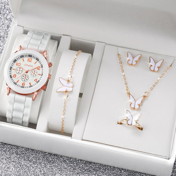 5Pcs/Set Geneva Watch Women Fashion Silicone Band Quartz Watch Butterfly Jewelry Set（Without Box）